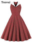 Tonval Turn-Down Collar Sleeveless Polka Dot Vintage Rockabilly Dresses for Women 2022 Summer A-Line Cotton Retro Dress