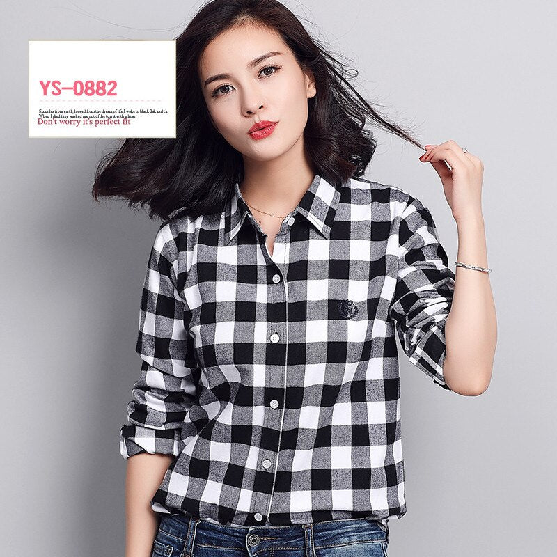 S-4XL Women Cotton Shirt Spring Autumn Winter 2022 New Casual Long-sleeve Brushed Plaid Stripe Shirts Girl's Tops Blouse Female