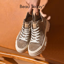 BeauToday Casual Sneakers Women Suede Leather Round Toe Lace-Free High Top Ladies Retro Fashion Flat Shoes Handmade 29575