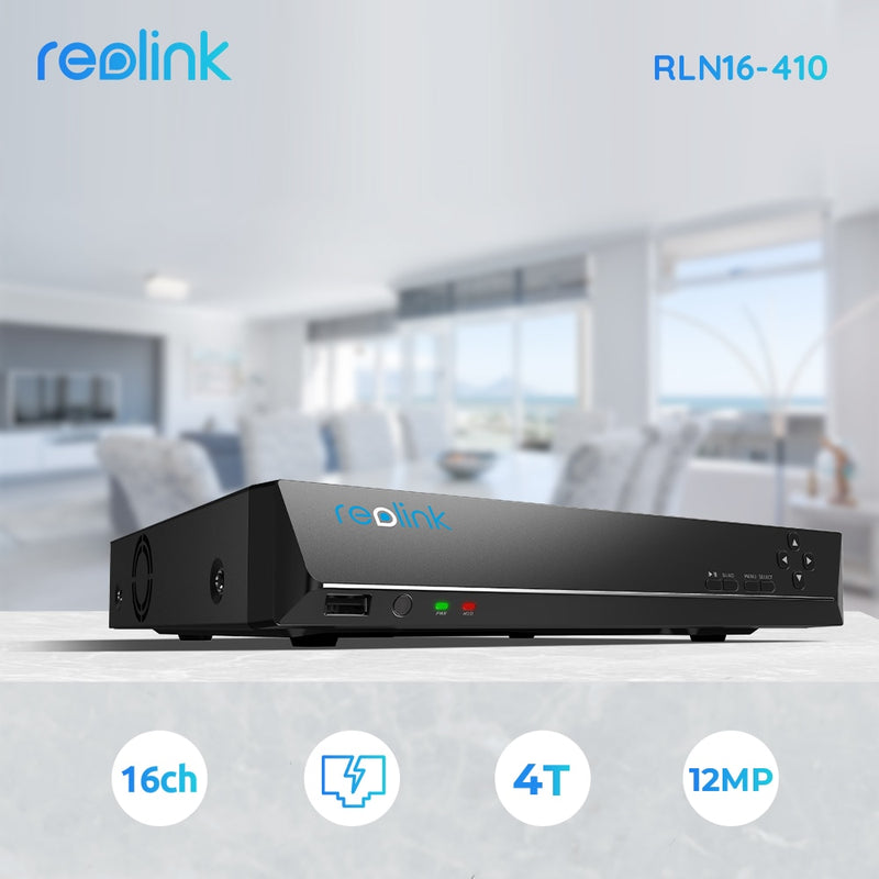 [Detección de humanos/coches]Reolink 16ch NVR 4/5MP 4K 12MP PoE Network Video Recorder con 3T/4TB HDD para cámaras IP de seguridad RLN16-410