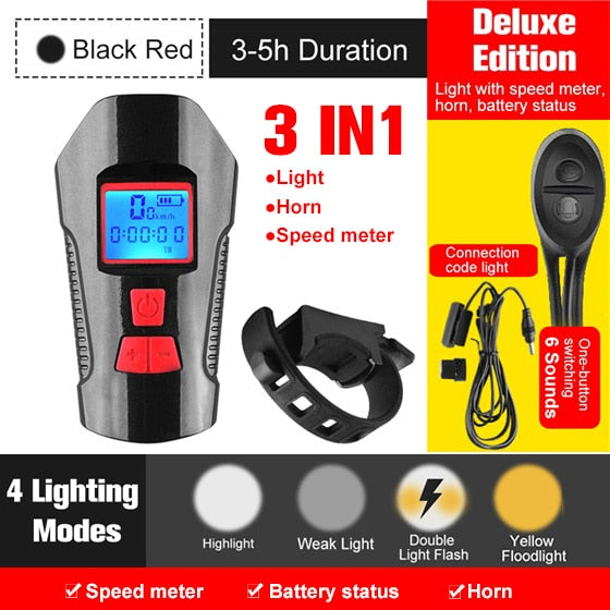 Bicycle Light USB Rechargeable Bike Odometer Front Light Flashlight with Computer LCD Speedometer Cycling Head Lantern Horn