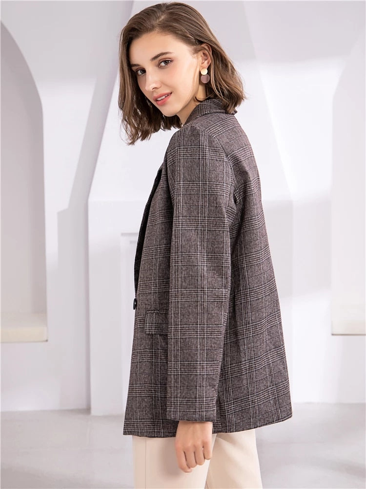 Colorfaith New 2022 Plaid Double Breasted Pockets Formal Jackets Checkered Winter Spring Women&