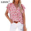 2022 Summer Casual Fashion Vintage Floral Print V-neck Petal Short Sleeve Loose Pullover Shirt Sweet Fresh Blouse Women Clothing