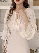 Cute Fairy Chic Tops Korea Japan Style 2022 Autumn Flare Sleeve Casual Beige Color Women Lace-Up Bow Tie Top and Blouses