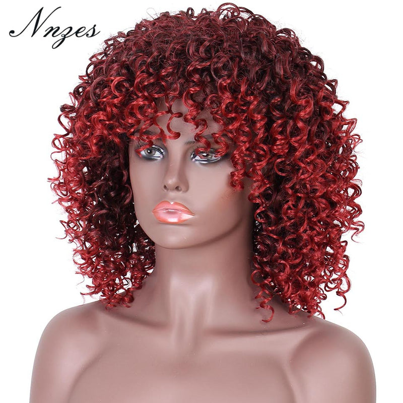 NNZES Red Synthetic Wigs Afro kinky Curly Wig Mixed Black and Red Wig With Bangs Short Synthetic Wigs for Black Women