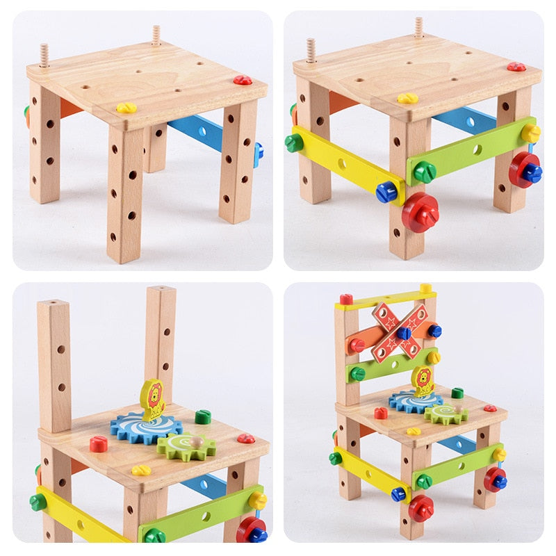 Wooden Assembling Chair Montessori Toys Baby Educational Wooden Toy Preschool Multifunctional Variety Nut Combination Chair Tool