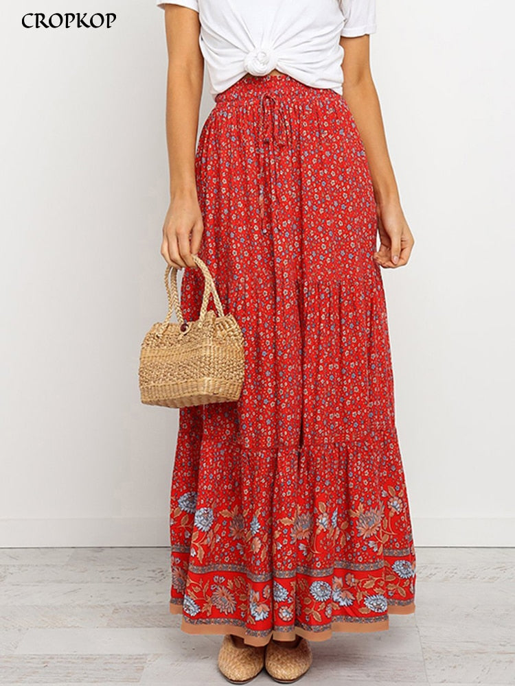 High Waist Long Skirts Womens Boho A-line Full Skirt Floral Print Drawstring Lace-Up Maxi Clothes White 2022 Summer Red Bohemian