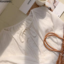 Cute Fairy Chic Tops Korea Japan Style 2022 Autumn Flare Sleeve Casual Beige Color Women Lace-Up Bow Tie Top and Blouses