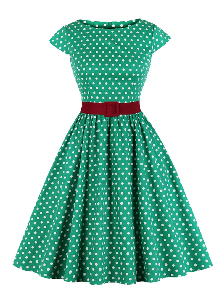 Tonval Green Retro Polka Dot 1950er Rockabilly Plissee Belted Dress Cap Ärmel Sommer Damen High Waist Vintage Kleider