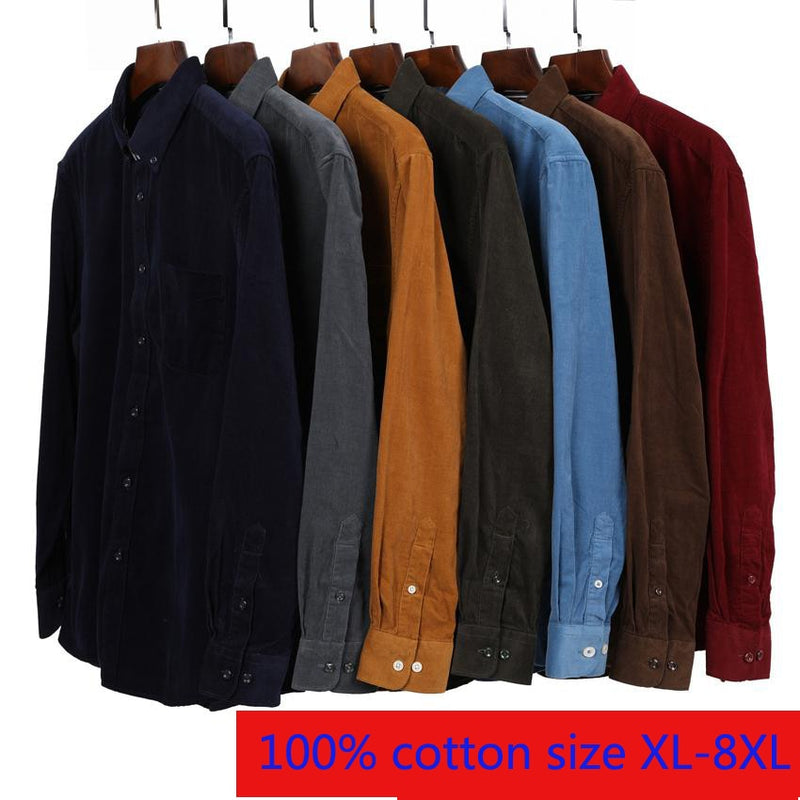 New Arrival Super Large Corduroy Young Men Cotton Plain Long Sleeve Casual Shirts High Quality Plus Size XL2XL3XL4XL5XL6XL7XL8XL