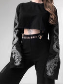 InsGoth Black Crop Top Hoodie Women Sweatshirt Gothic Punk Grunge Dragon Printed Harajuku Loose Sweatshirt Pullover Female Top