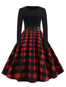 Winter WeihnachtsKleider Damen 50er 60er Vintage Kleid Swing Pinup Elegant Partykleid Langarm Freizeit Print Schwarz
