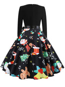 Winter WeihnachtsKleider Damen 50er 60er Vintage Kleid Swing Pinup Elegant Partykleid Langarm Freizeit Print Schwarz