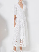 VGH Elegant White Maxi Dress For Women V Neck Half Sleeve High Waist Hollow Out Slim Dresses Women 2022 Spring New Style Fashion