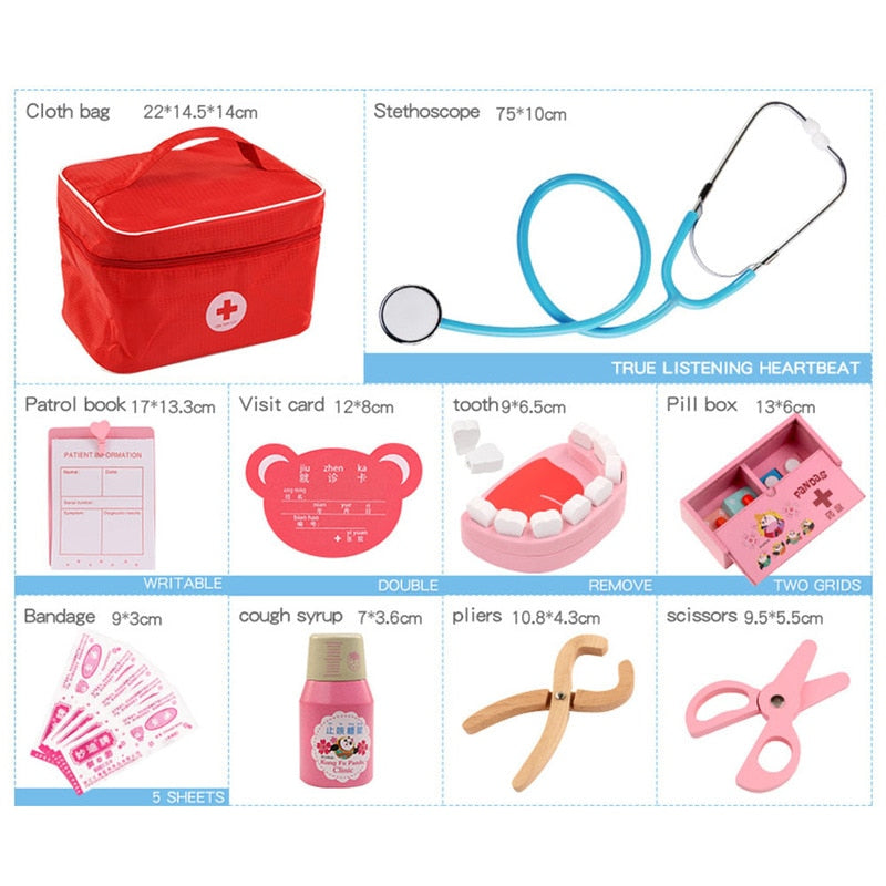 Juego de juguetes de doctor para niños, juego de simulación de madera para niños, juegos para niñas y niños, caja de medicina roja para dentista, bolsas de tela