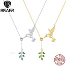 BISAER 925 Sterling Silver Hummingbird Pendant Necklace Green Leaf Adjustable Chain 14K Gold Plated For Women Fine Jewelry ECN21