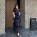 Maxikleider für Frauen 2022 New Summer Dark Blue Exquisite Lace Stitching Short Sleeve Multi-Layer Cake Dress Slimming Dress