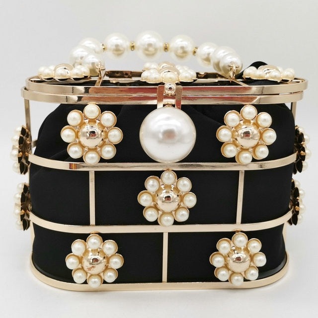 Boutique De FGG Pearl Beaded Evening Bucket Clutch Bag Women Luxury Rhinestone Shoulder Bag Party Purse Ladies Diamond Handbags