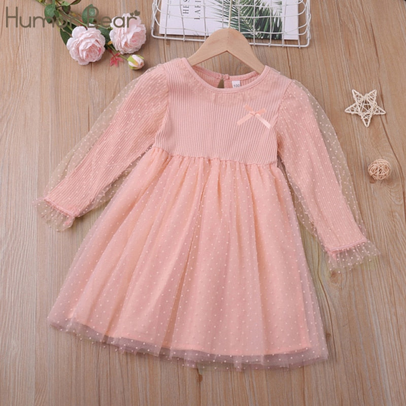 Vestido de humor oso para niñas, nuevo estilo universitario, vestido de manga larga con lazo para estudiantes de primavera y otoño, ropa para niños, vestidos de princesa