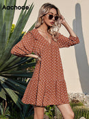 Aachoae Women Casual Loose Polka Dot Dress V Neck Pleated Chiffon Dress Lantern Half Sleeve Mini Beach Dress Summer Robe Femme