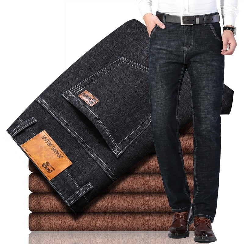 2022 Winter Herren Schwarz Slim Fit Stretch Dicke Samthose Warme Jeans Lässige Fleece-Linie Hose Herren Plus Größe