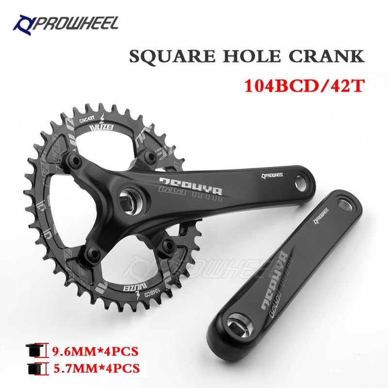 PROWHEEL Bicycle Square Hole Sprocket 104BCD 170/175mm Crank 30/32/34/36/38/40/42/44/46/48/50/52T Narrow Chainrings MTB Crankset