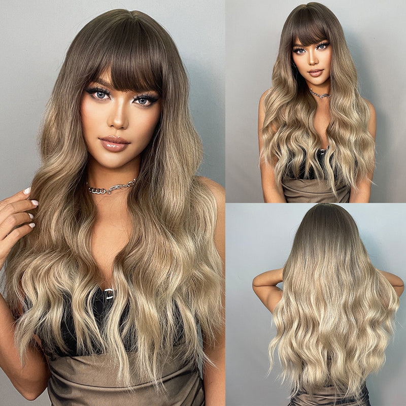 EASIHAIR Grey Ombre Wavy Wigs Long Synthetic Wigs for Women Wigs with Bangs Natural Hair Wigs Heat Resistant Cosplay Wigs