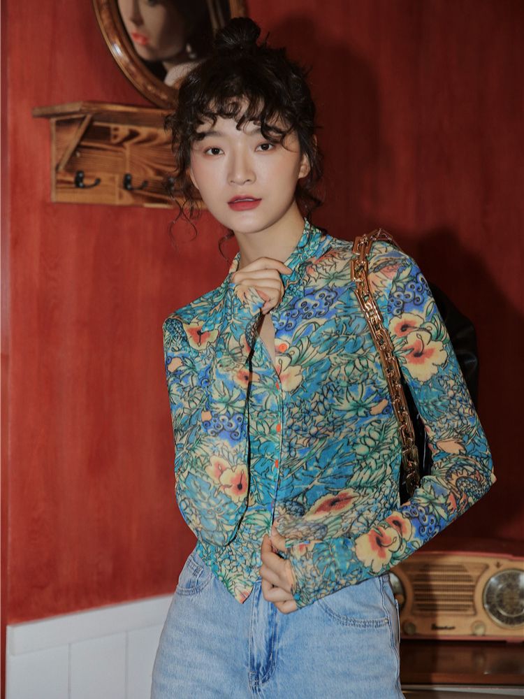 CHEERART Fall 2020 Women Mesh Dragon Print Shirt Long Sleeve Top Button Up See Through Top Fashion Designer Clothing