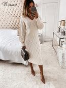 DICLOUD Beige Sweater Dress Women New Autumn Elastic Long Sleeve V Neck Elegant Hollow Midi Party Dresses Knitted Fashion 2022