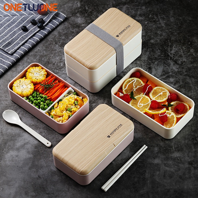 Fiambrera de doble capa para microondas, caja Bento de estilo madera, contenedor portátil sin BPA