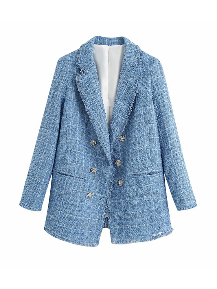 Za 2021 Women Suit Jacket Tweed Blazer Women Jacket Femme Plaszcz Wiosenny Damski Sobrecamisa Cuadros Plaid Checkered Blazer