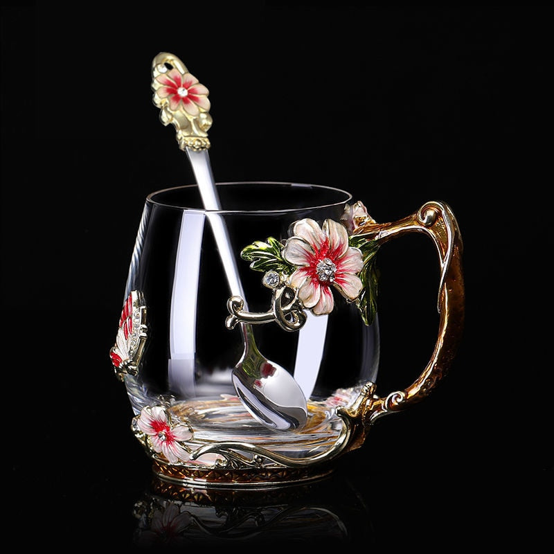 Schönheit und Neuheit Emaille Kaffeetasse Becher Blume Tee Glas Tassen für heiße und kalte Getränke Teetasse Löffel Set Perfektes Hochzeitsgeschenk