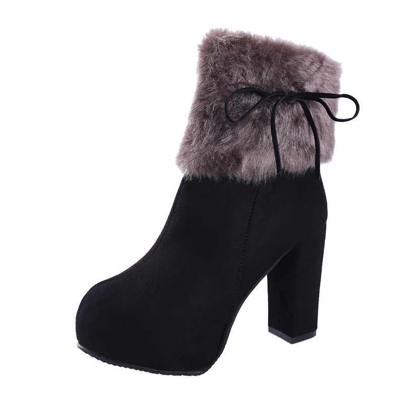 Zapatos de invierno para mujer, botas de tacón alto, zapatos cálidos de piel, botas de moda para mujer, tacones altos de invierno, tacón súper cuadrado de 10cm A1658