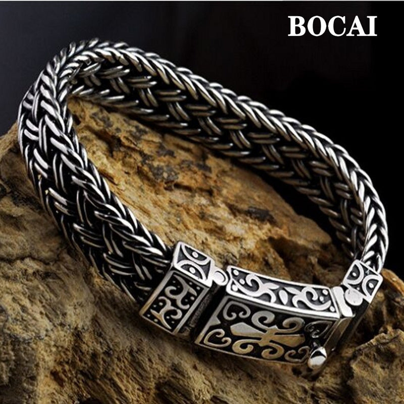 BOCAI New Real Solid S925 Pure Silver Bracelet for Man Personality Woven Bracelet Domineering  Retro Fashion Holiday Gifts