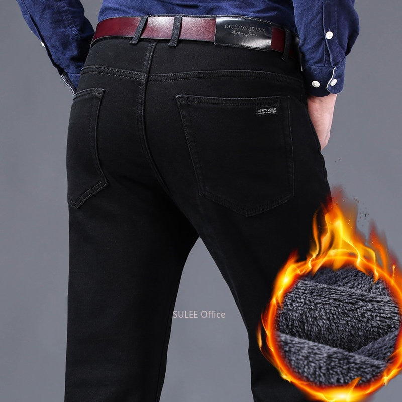 2022 Winter  Men Black Slim Fit Stretch Thick Velvet Pants Warm Jeans Casual Fleece Line Trousers Male Plus Size