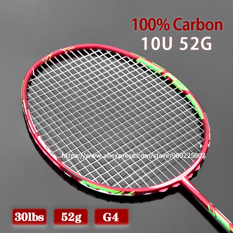 Raqueta de bádminton de fibra de carbono más ligera, 10U, 52g, tensión máxima, 30 libras, raquetas profesionales con bolsas, raqueta de cuerdas