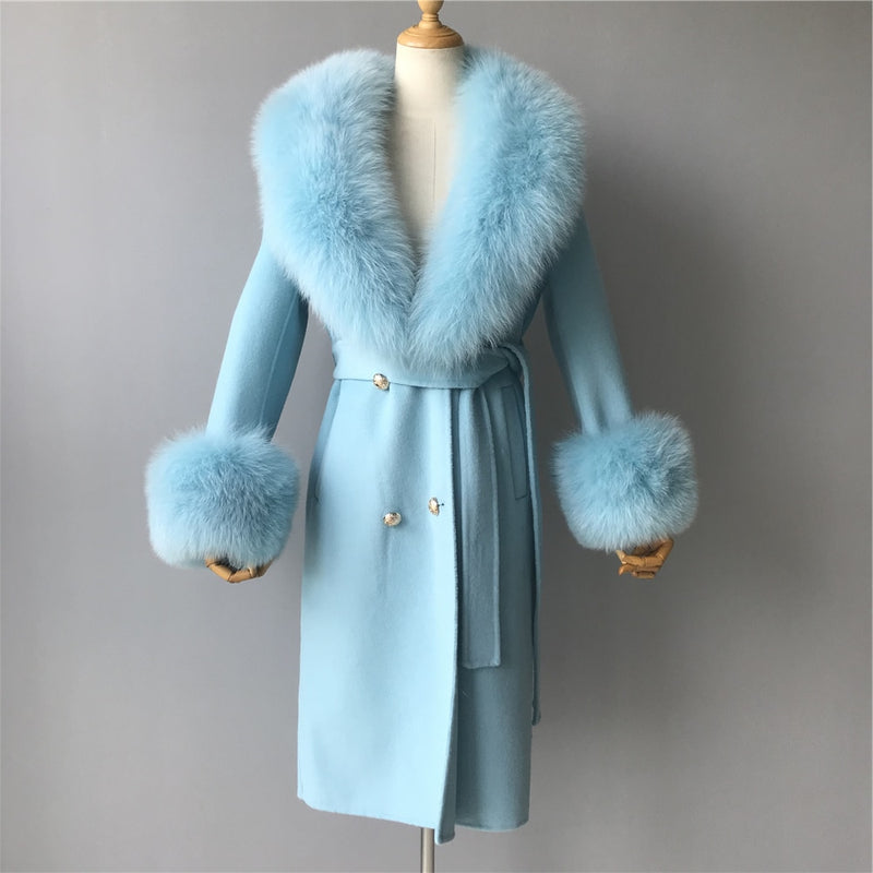 2020 Wool Coat Women Pied De Poule Natural Fox Fur Collar Cashmere Wool Blends Long Outerwear Ladies Streetwear