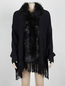Fitshinling Fur Collar Winter Shawls And Wraps Bohemian Fringe Oversized Womens Winter Ponchos And Capes Batwing Sleeve Cardigan