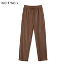 WOTWOY High Waist Spliced Loose Leather Pants Women Autumn Solid Drawstring PU Leather Trousers Women Straight Pants Female 2021