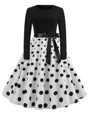 Winter WeihnachtsKleider Damen 50er 60er Vintage Kleid Swing Pinup Elegant Partykleid Langarm Freizeit Print Schwarz