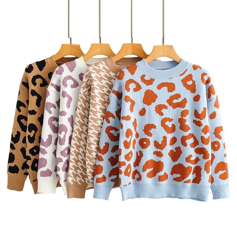 Tangada women leopard knitted sweater winter animal print thick long sleeve female pullovers casual tops 2X05