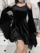 InsGoth Goth Sexy Flare Sleeve Black Dress Y2K Harajuku High Waist A Line Mini Dresses Off Shoulder Punk Halloween Autumn Dress