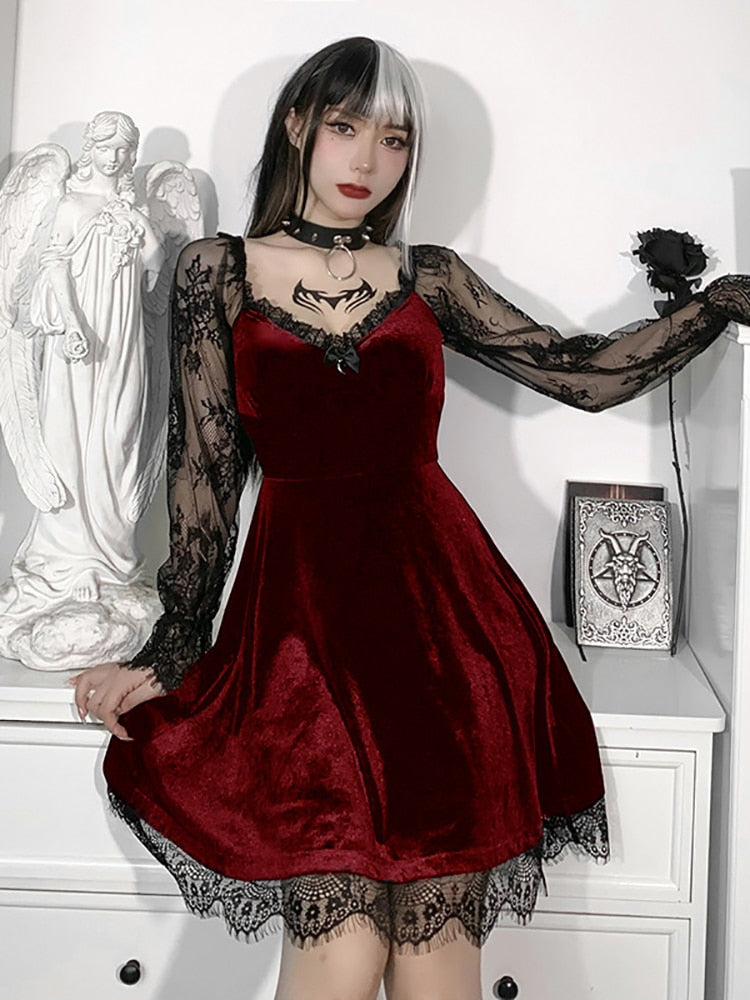 Gothic Dark Velour Gothic Aesthetic Vintage Kleider Damen Spitze Patchwork Grunge Schwarzes Kleid Langarm A-Linie Herbst Partywear