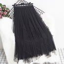 Qooth Women Beaded Petal Mid-length Ruffles Mesh Pleated Skirts Elegant High-waisted Fairy A-line Long Tulle Skirts QT1682