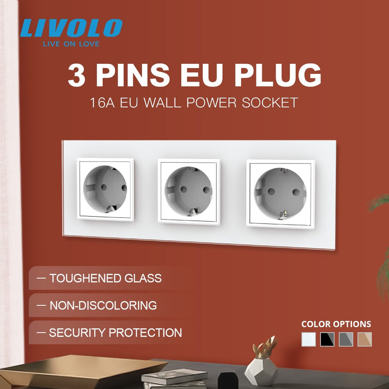 Livolo New EU Standard Power Socket, Outlet Panel, Triple Wall Power Outlet Without Plug,Toughened Glass C7C3EU-11/2/3/5