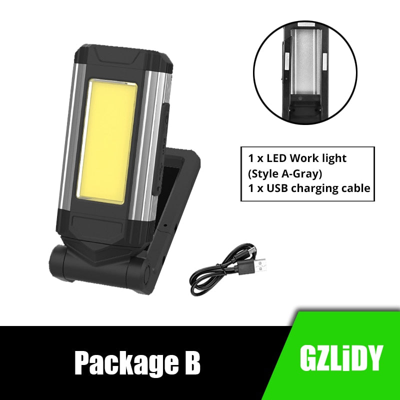 COB Work Light with Magnet LED Flashlight Multifunctional Adjustable Camping Lamp Waterpoof Torch USB Rechargeable Lantern
