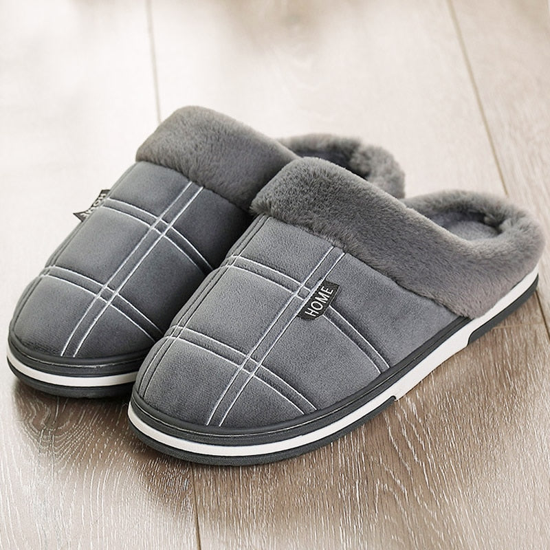 Large size 50/51 Home slippers men Gingham cotton slippers indoor winter warm plush non-slip thick-soled Soft Slippers male