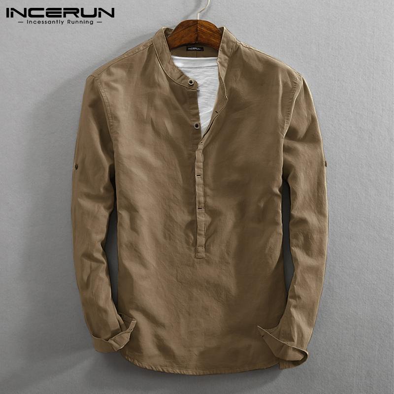 INCERUN Vintage Men Casual Shirt Long Sleeve Cotton Linen Stand Collar Solid Business Streetwear Henley Shirts Men Harajuku 2022