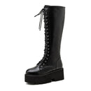 Gdgydh Fashion Women Boots Cross Strap PU Leather Autumn Winter Knee High Boots Ladies Thick Sole Platform Shoes Punk Gothic