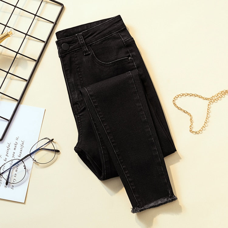 2022 New Arrive Woman Skinny Jeans Black Gray High Waist Elastic Denim Pencil Pants Woman Mon Korean Fashion Jeans Solid